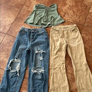 SHEIN lot-Green Strapless Halter Top and Two Pairs of Pants